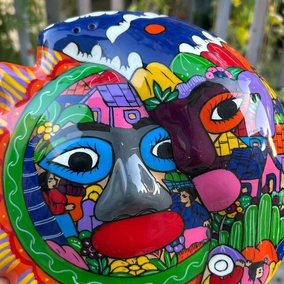 Mexican Folk Art Talavera Moon Sun Eclipse Hand Painted Clay Wall Hanging 8.5" - Picture 6 of 16